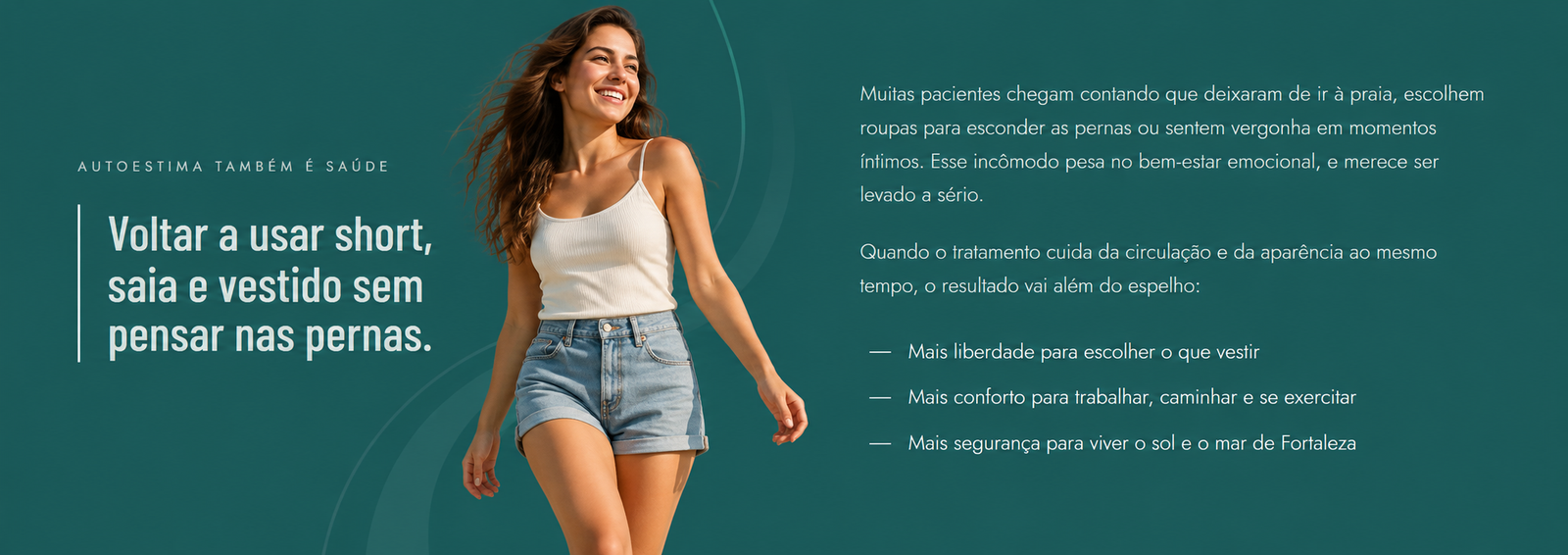 Mulher jovem sorrindo, usando shorts, com mensagens sobre autoestima, liberdade e bem-estar